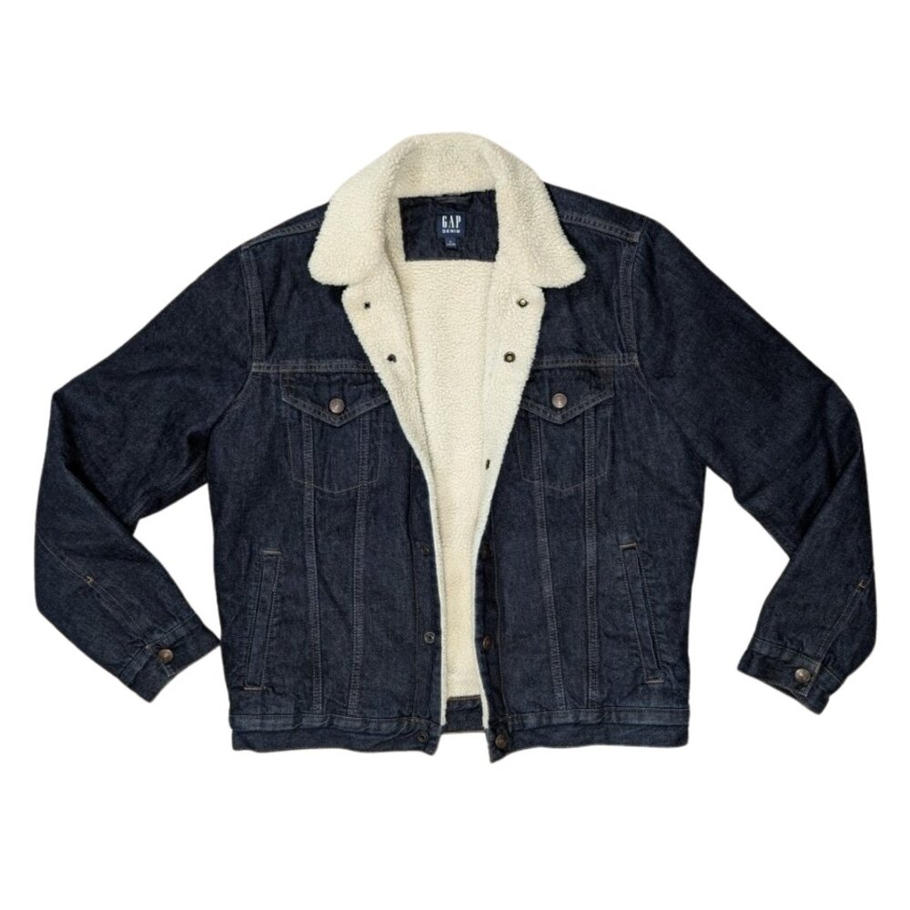 Gap Sherpa Lined Denim Trucker Jacket Dark Wash Blue Jean Coat Mens Medium